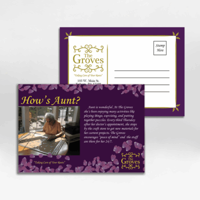 A postcard design created for The Groves Retirement Home in Ephrata, PA. The Groves Postcard Mockup