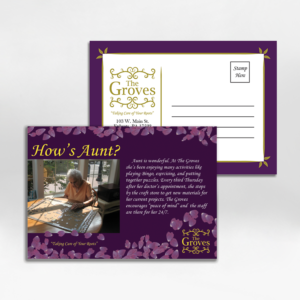 A postcard design created for The Groves Retirement Home in Ephrata, PA. The Groves Postcard
