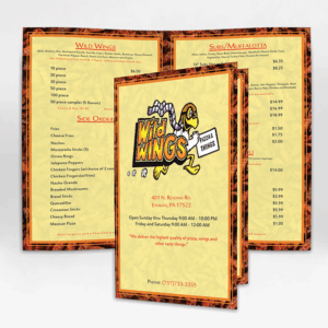 Mock-up Menu created for Wild Wings Pizza & Things of Ephrata, PA Wild Wings Menu Layout